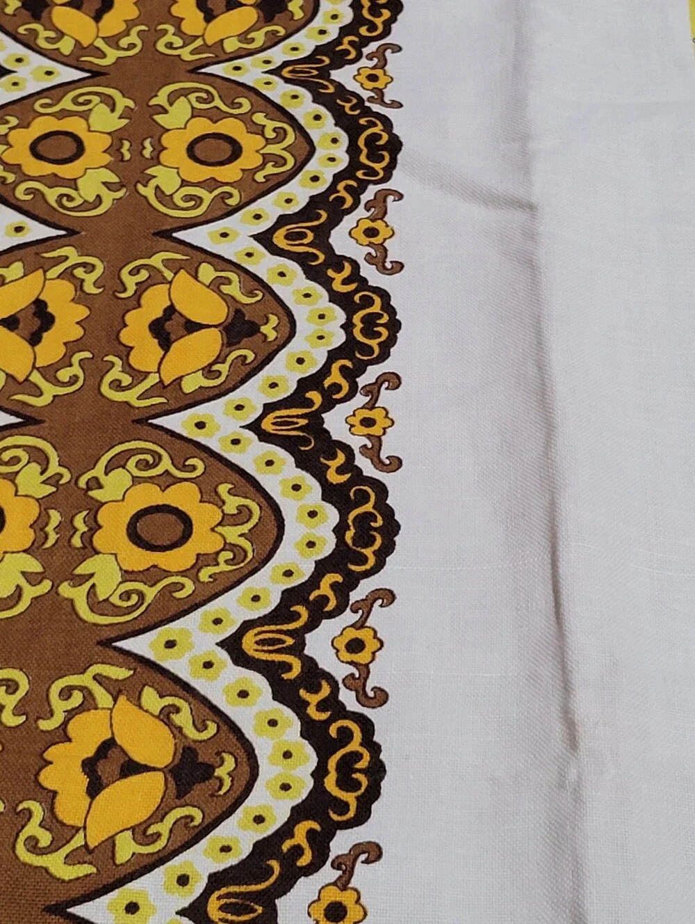 Vtg 1970s Cotton Linen Tablecloth Retro Geometric MCM 58 X 74 Square
